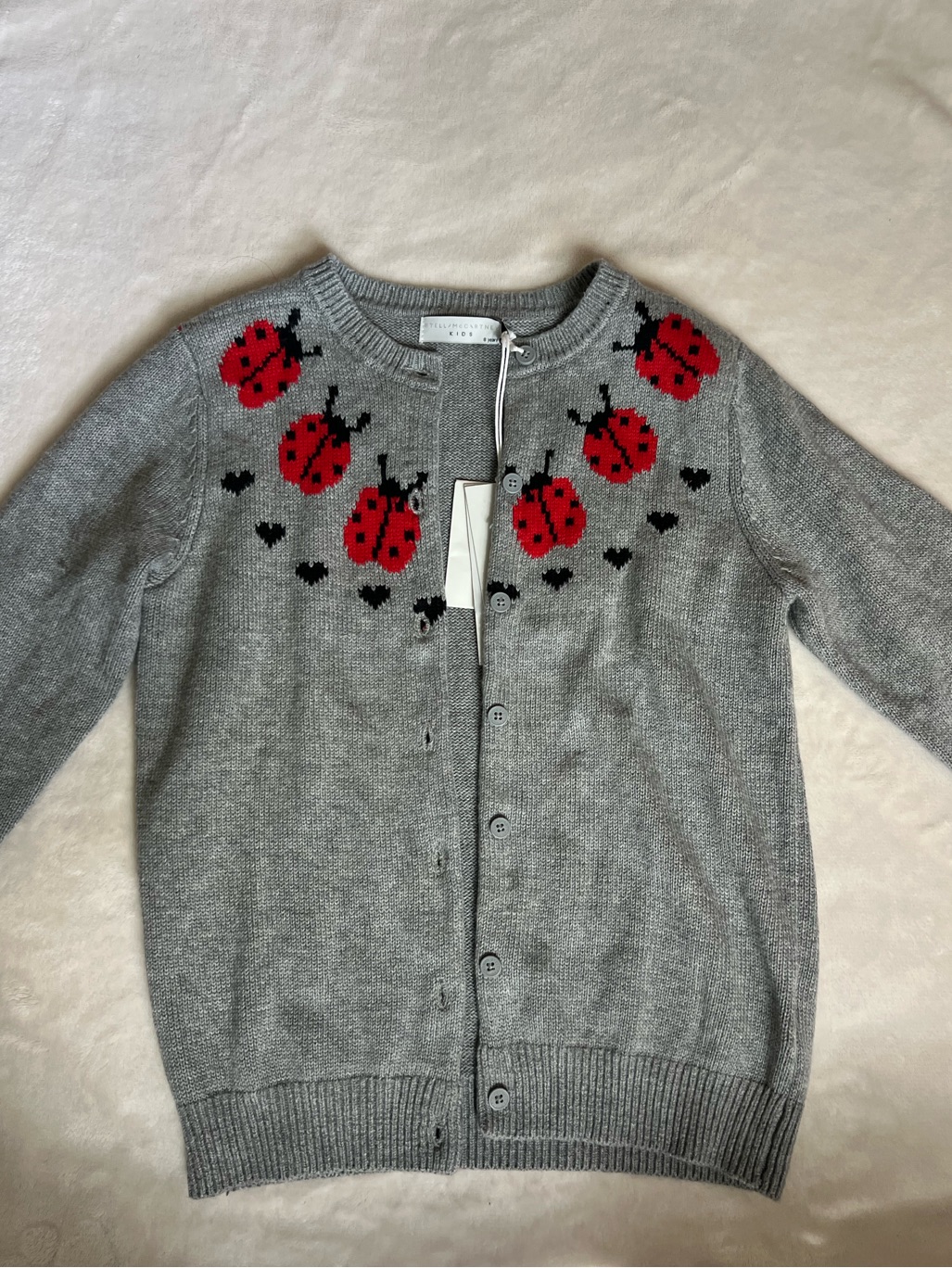 Stella Mccartney Kids Gray Knit Cardigan With Ladybugs And Hearts